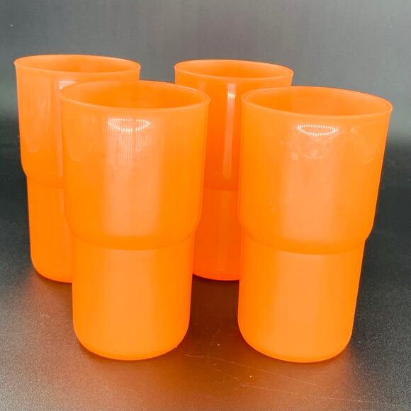 Tupperware Tumblers 12 Oz. Four Orange Stacking Cups Plastic Drinking Glasses - Picture 5 of 5